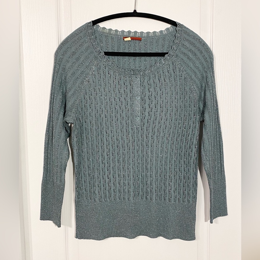 Y2K SILK Blend Metallic Pointelle Knit Scalloped Trim Henley Sweater Aqua Large